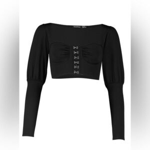 Prettylittlething Black Corset Puff Sleeve Crop Top Whimsy Size 4